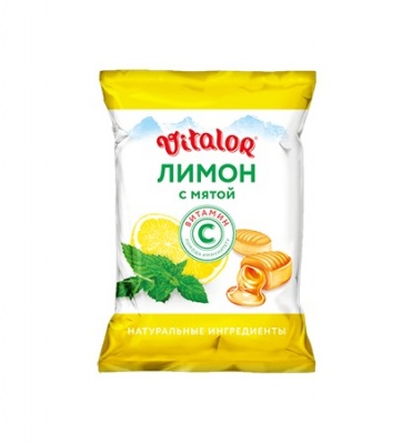 Леденцовая карамель со вкусом лимон с мятой, с витамином С, Виталор Лимон с мятой, 60г